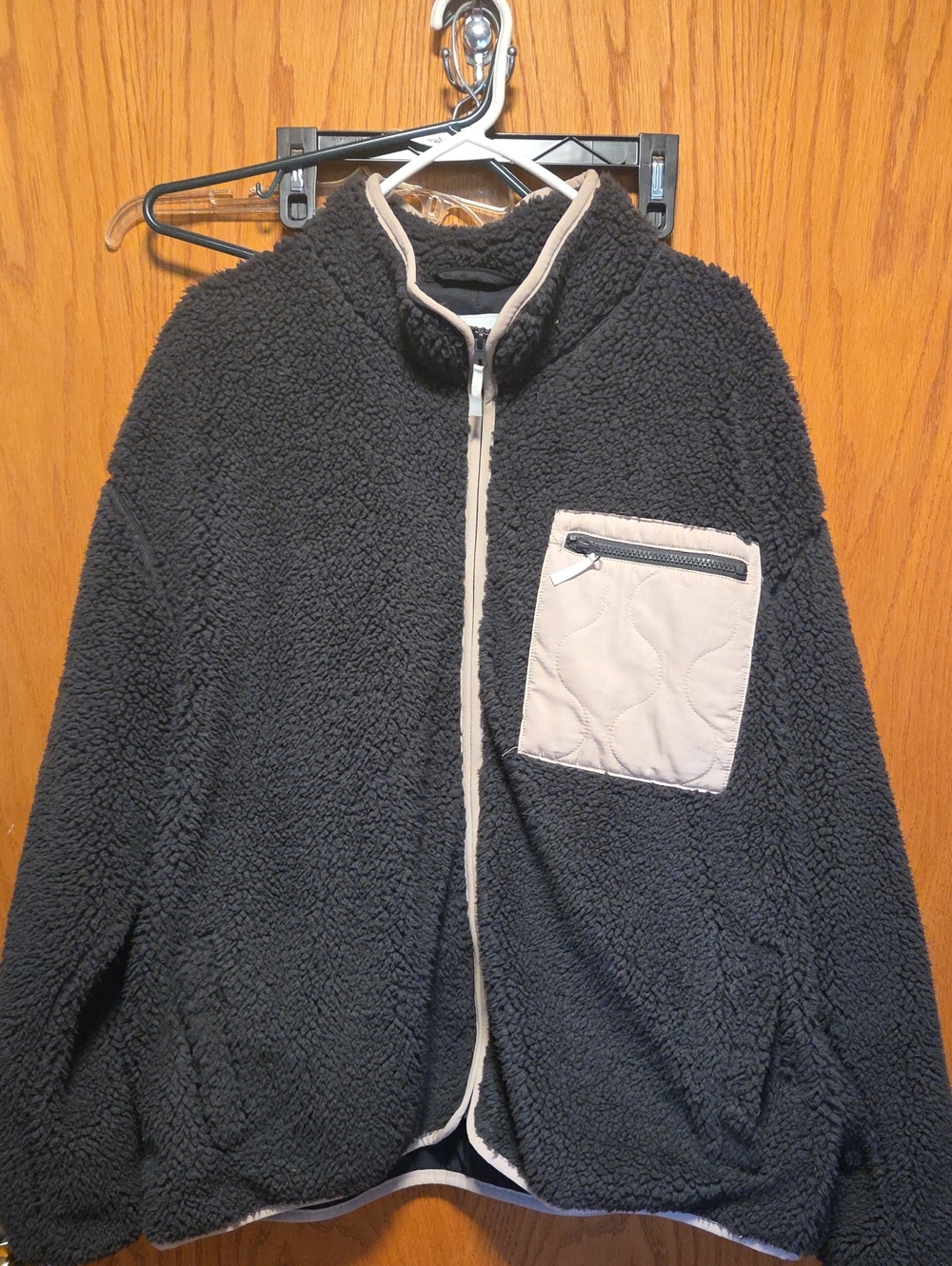 Women's Grey Sherpa Zip-Up Jacket with Contrast Chest Pocket